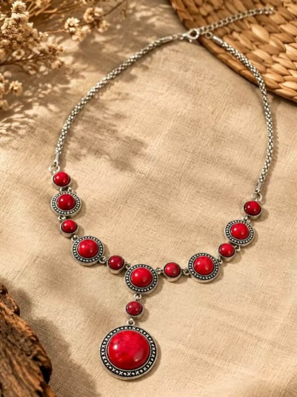 WOMEN's Silver-Tone Red Stone Statement Necklace
